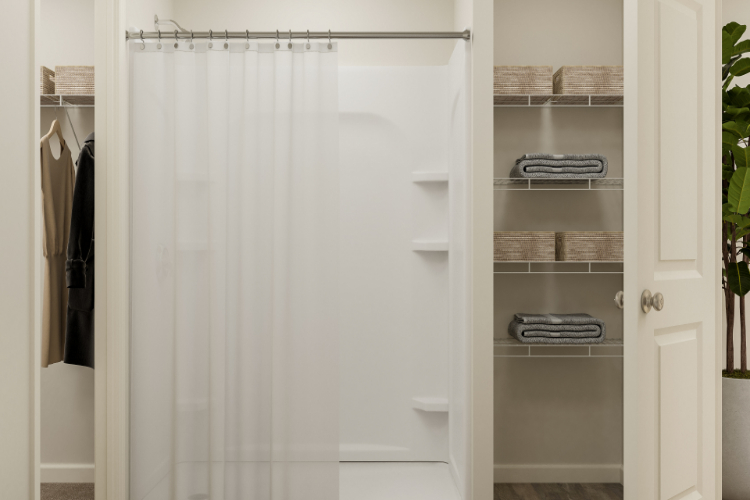 A closet with a white curtain.