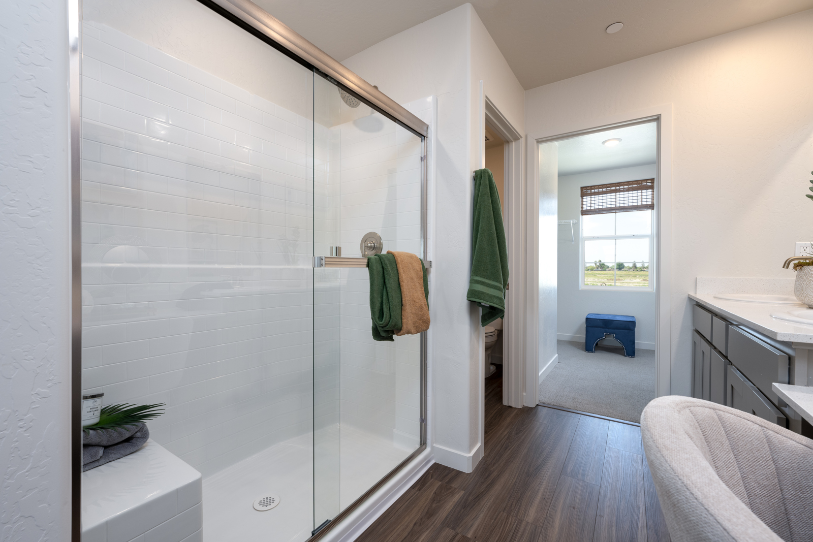 A room with a glass door.