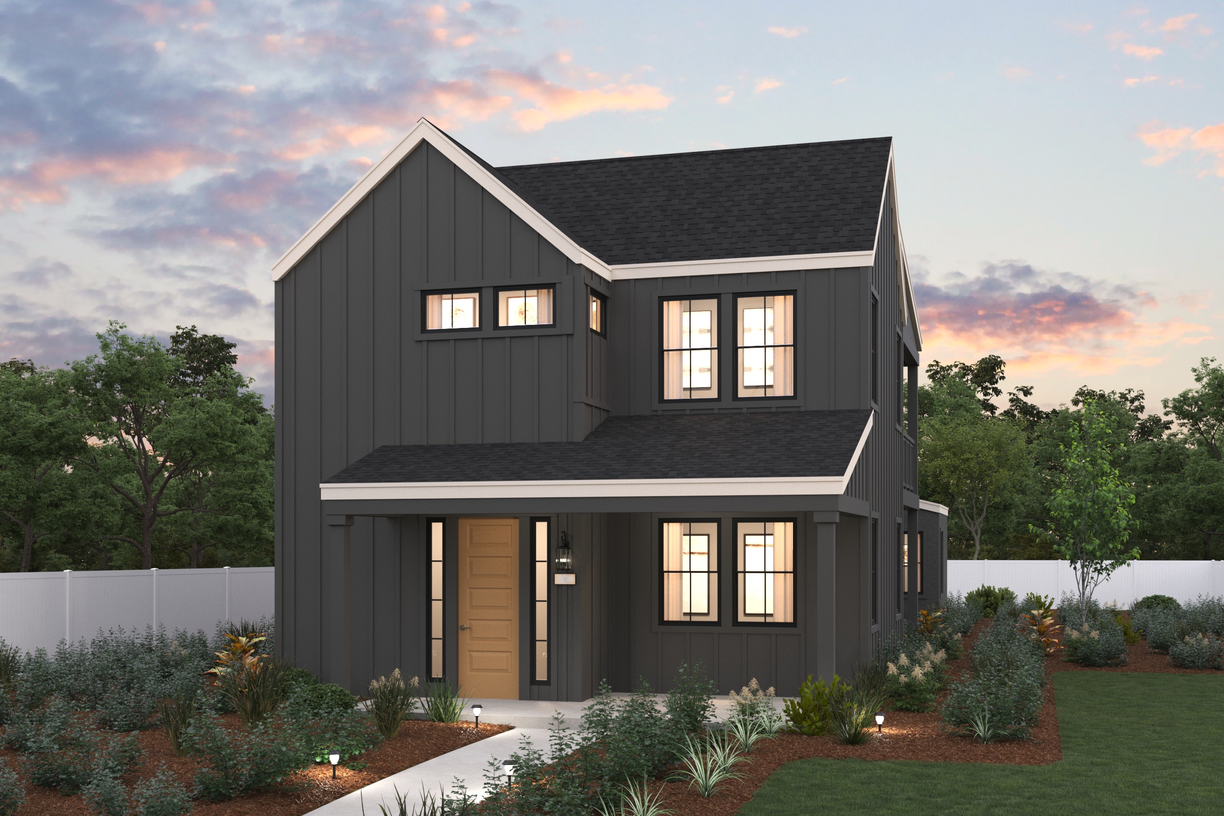 A house with a fence and trees in the back.