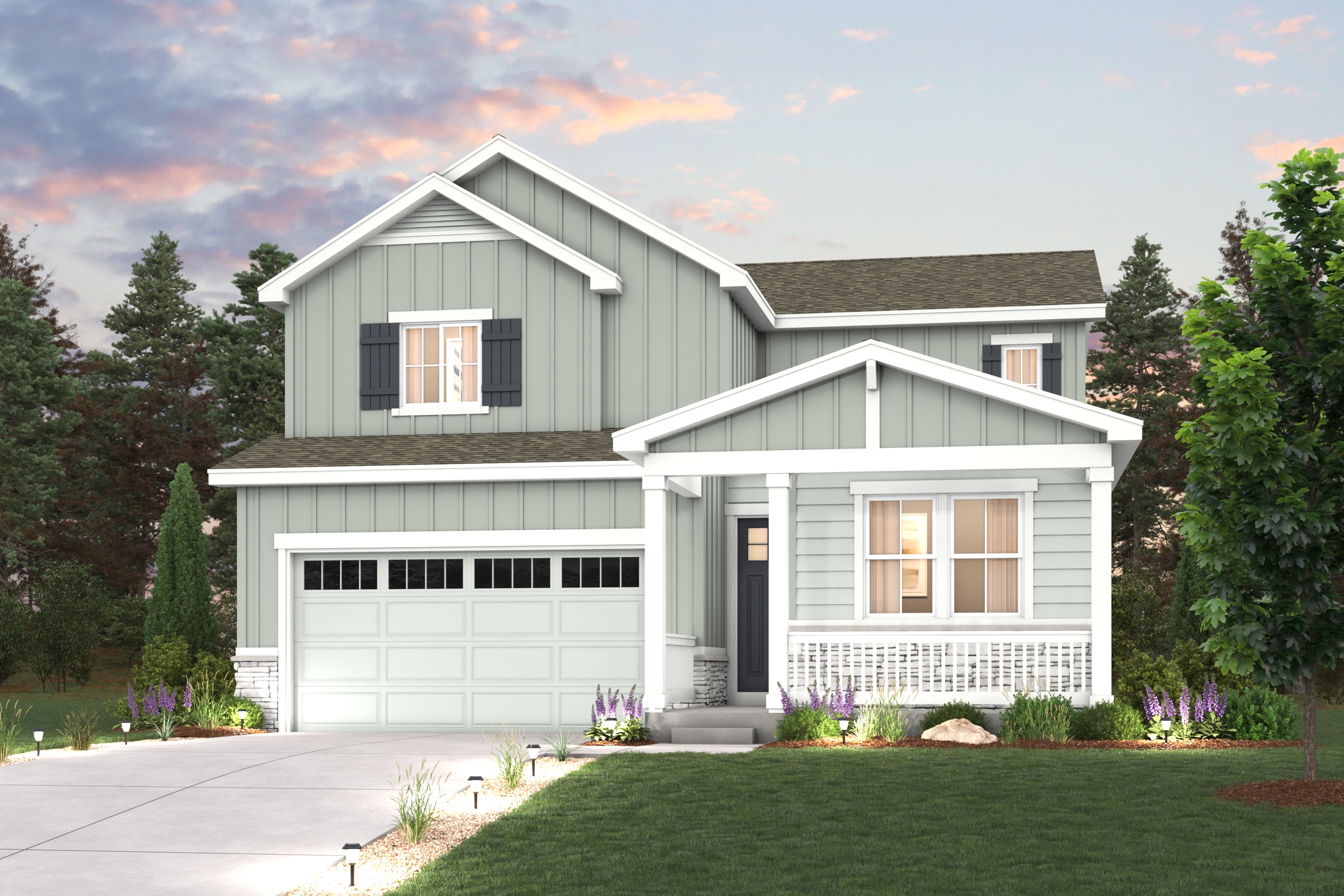 A house with a garage. Platte Elevation A Rendering