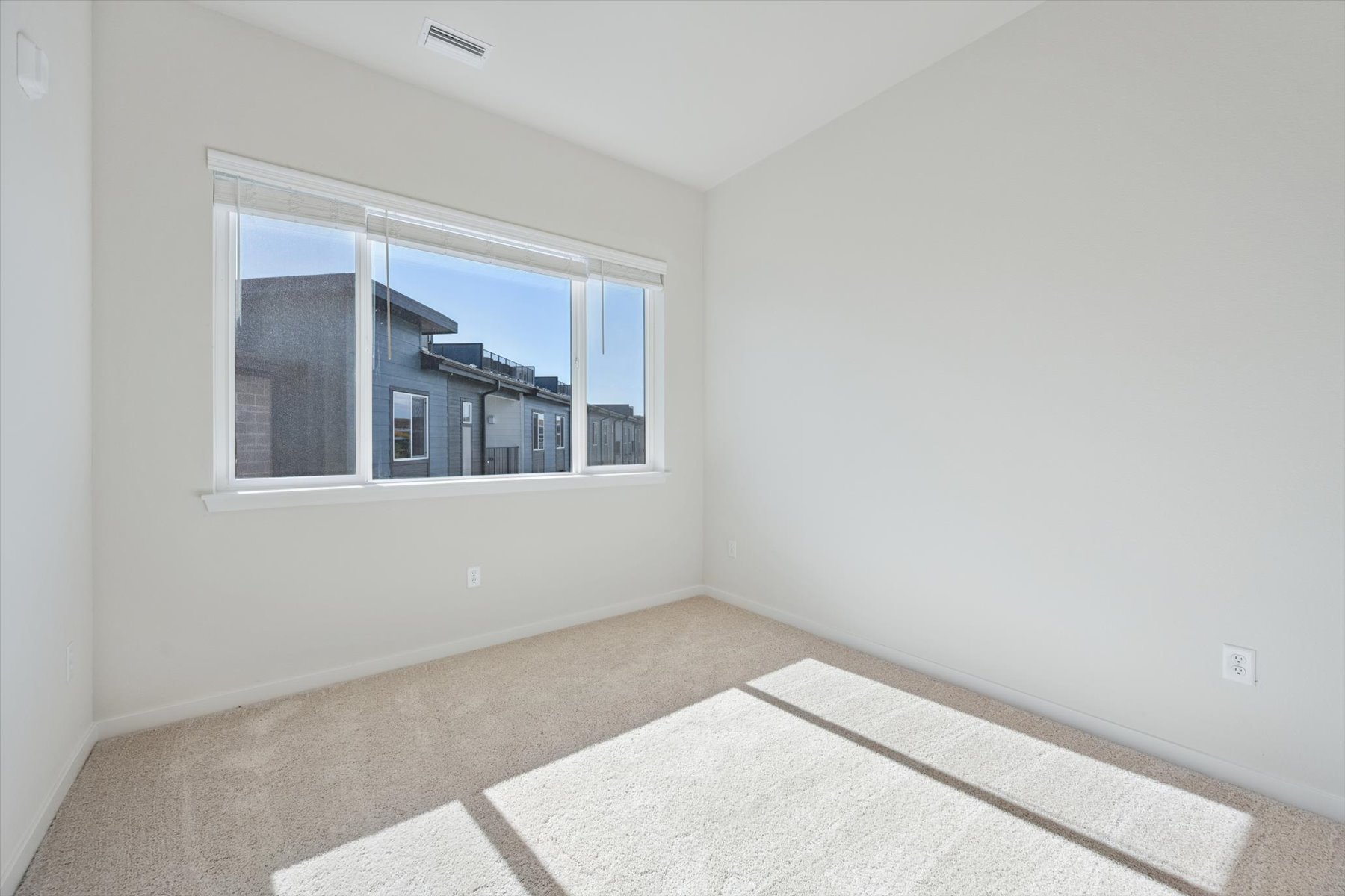 A room with a window and a rug.