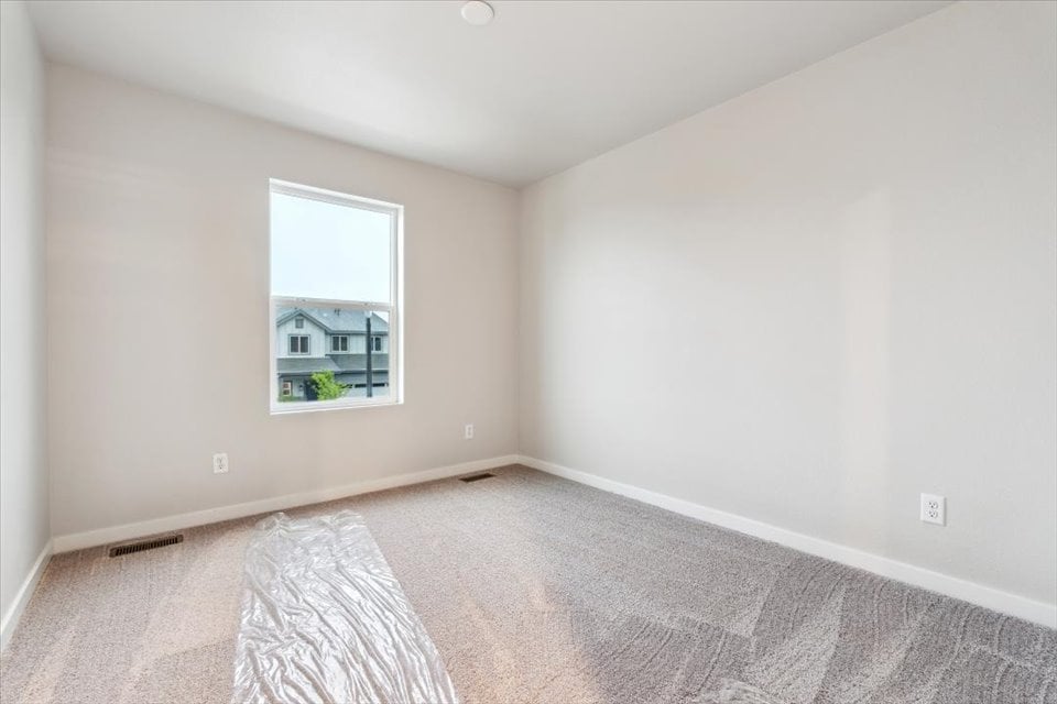 A room with a rug and a window.