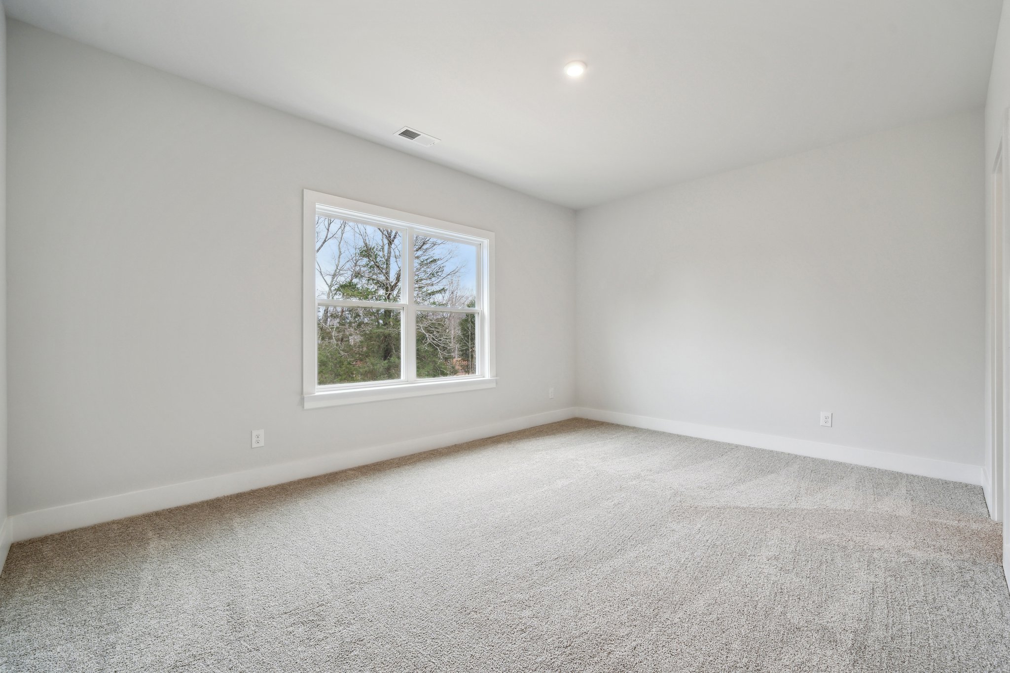 A room with a window and a carpet.