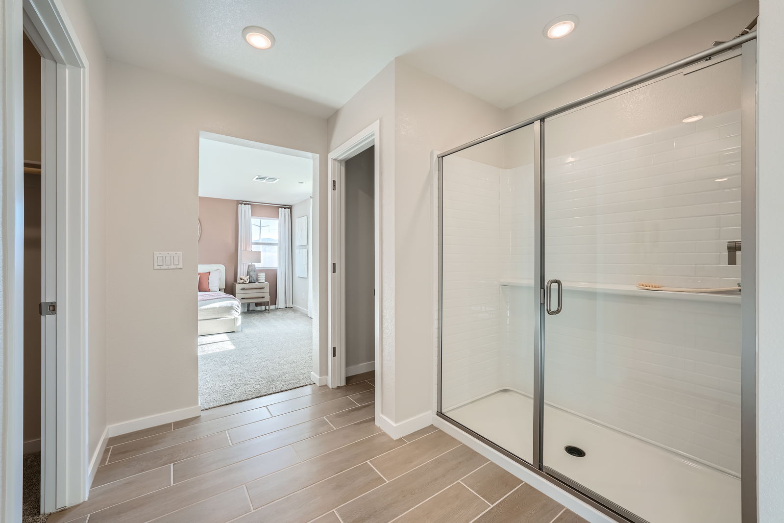 A room with a glass door.