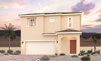 A house with a garage and palm trees.