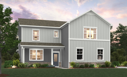 A grey house with a lawn.