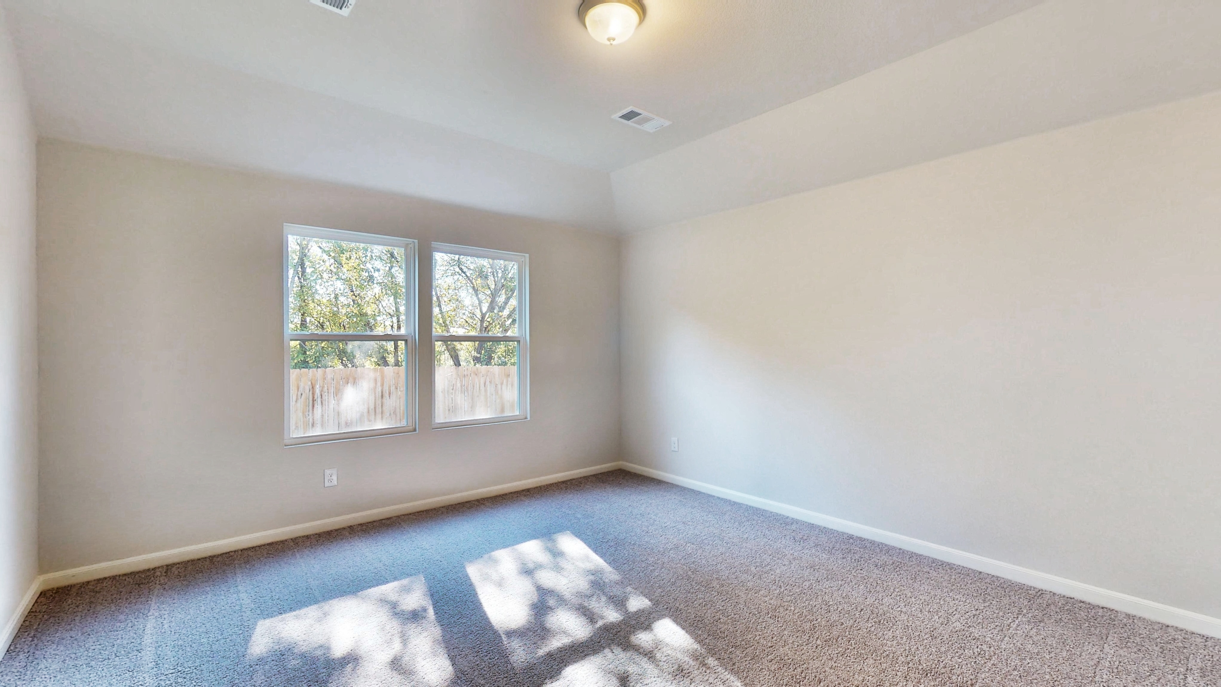 A room with a rug and windows.
