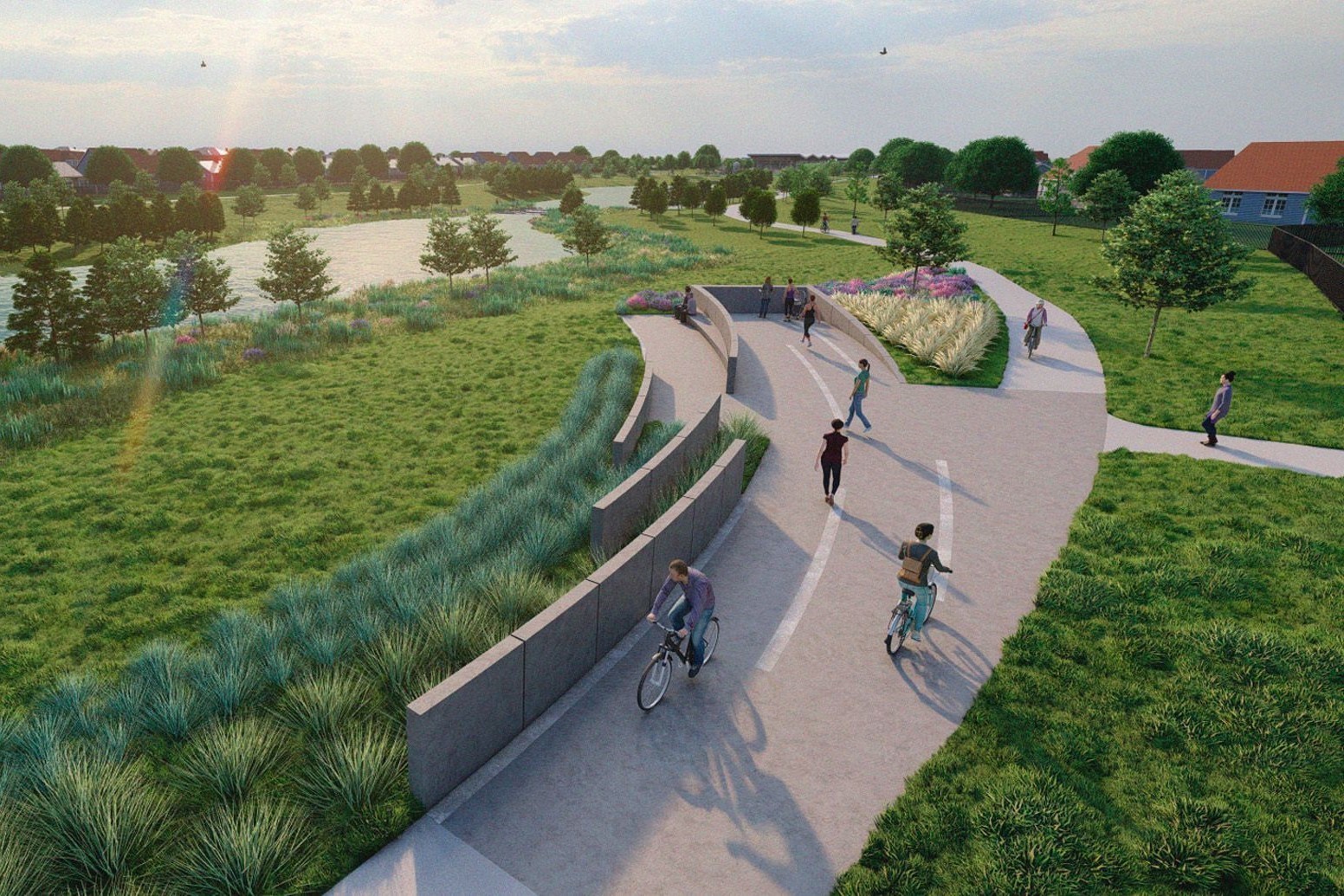 A group of people riding bikes on a path in a park.