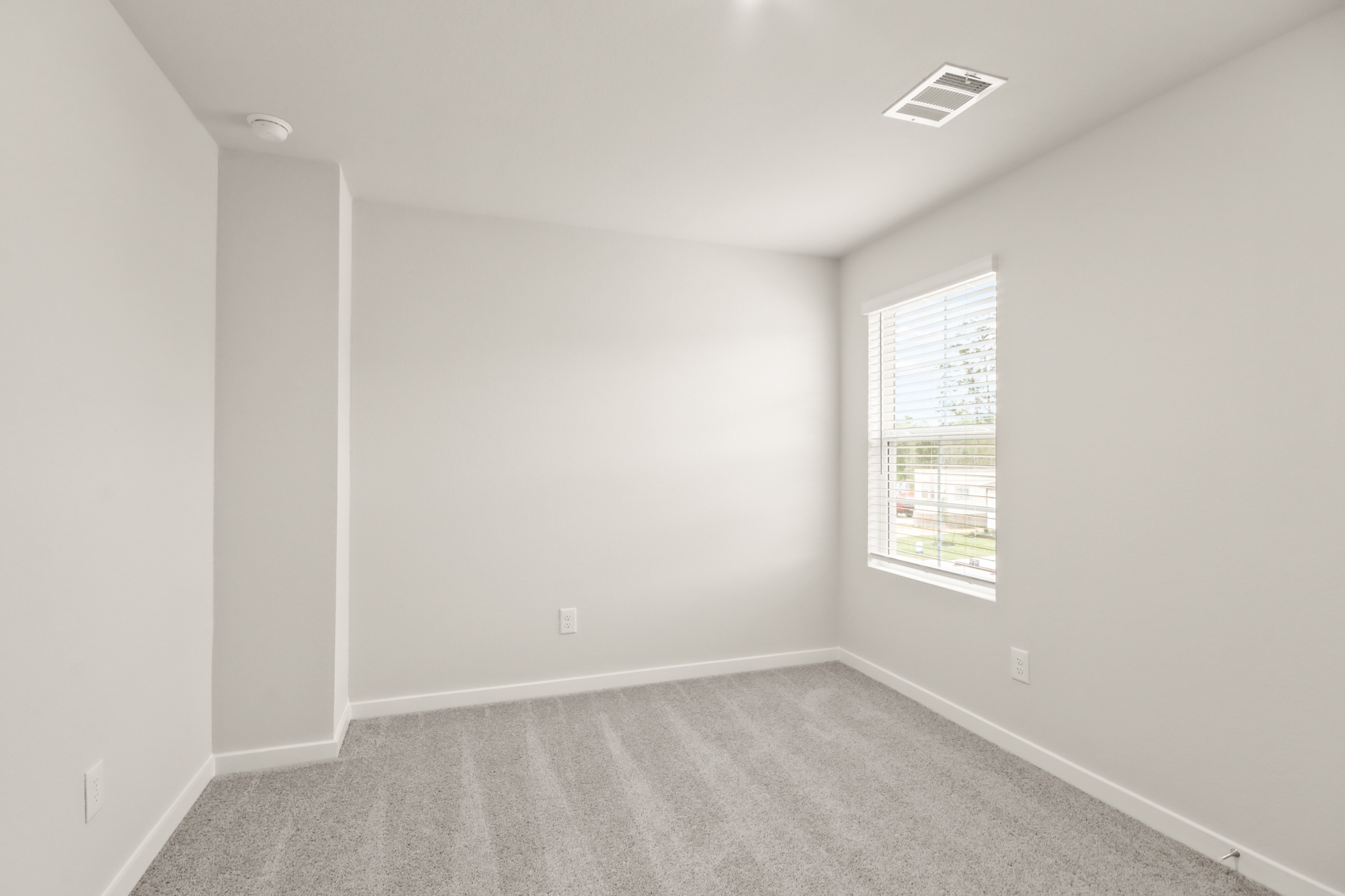 A room with a carpet and windows.