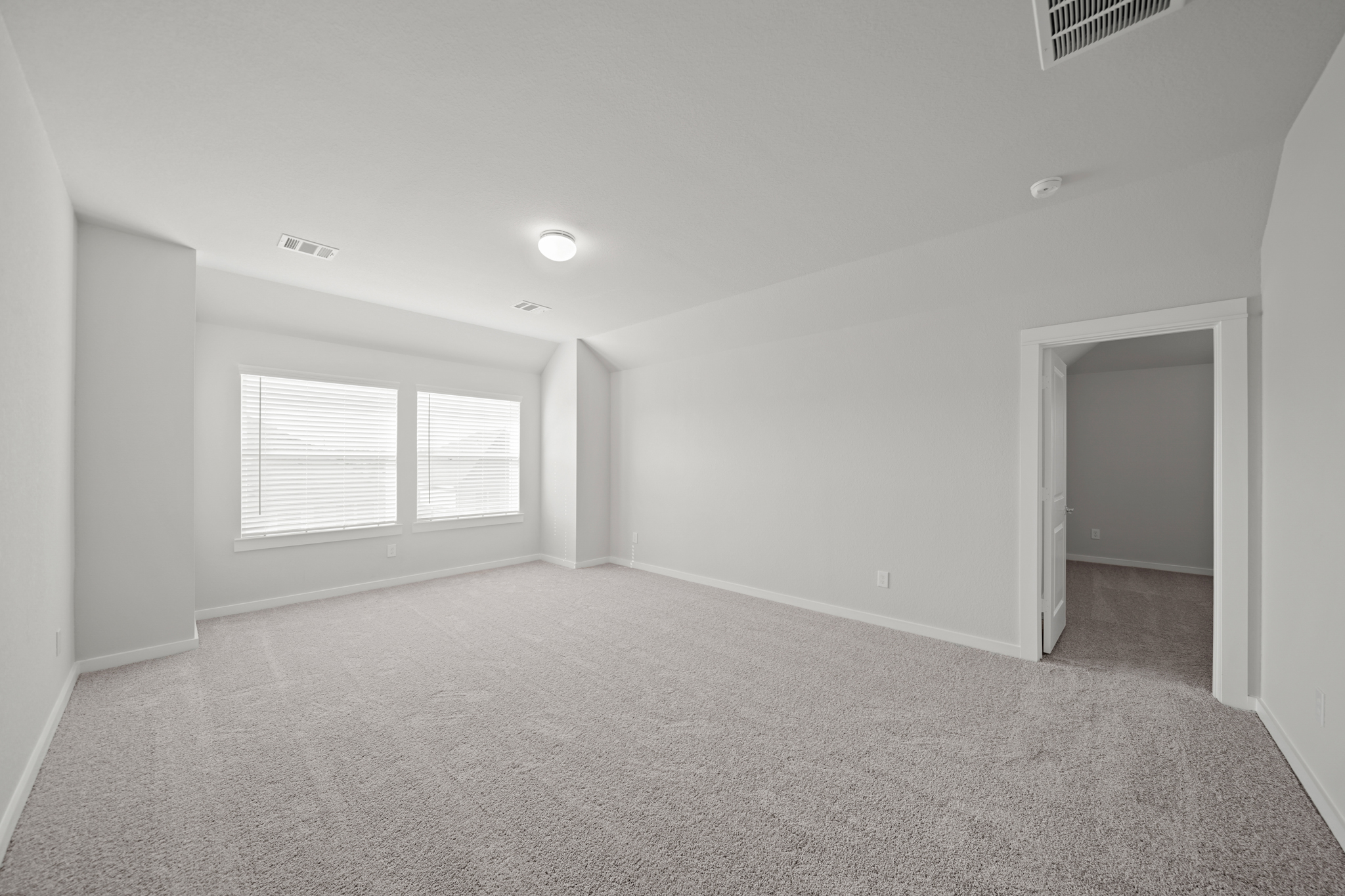 A room with a carpet and windows.