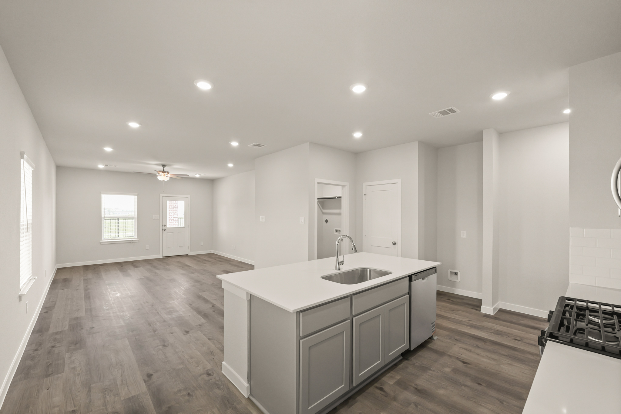 A kitchen with a large island.