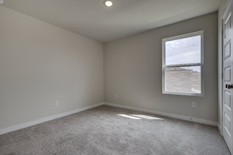 A room with a carpet and a window.