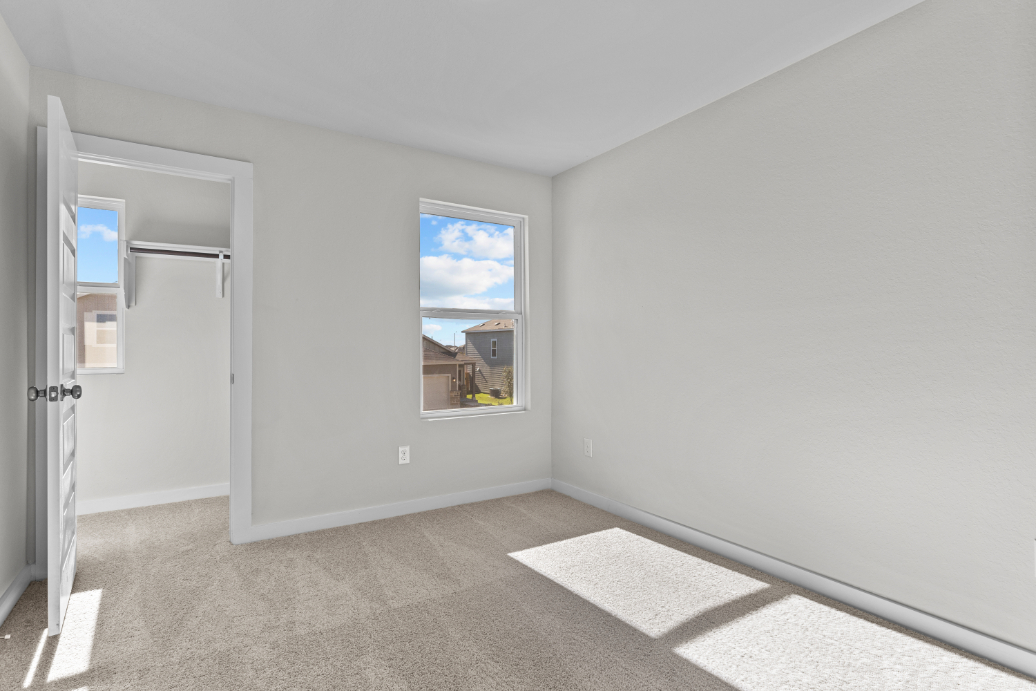 A room with a window and a rug.
