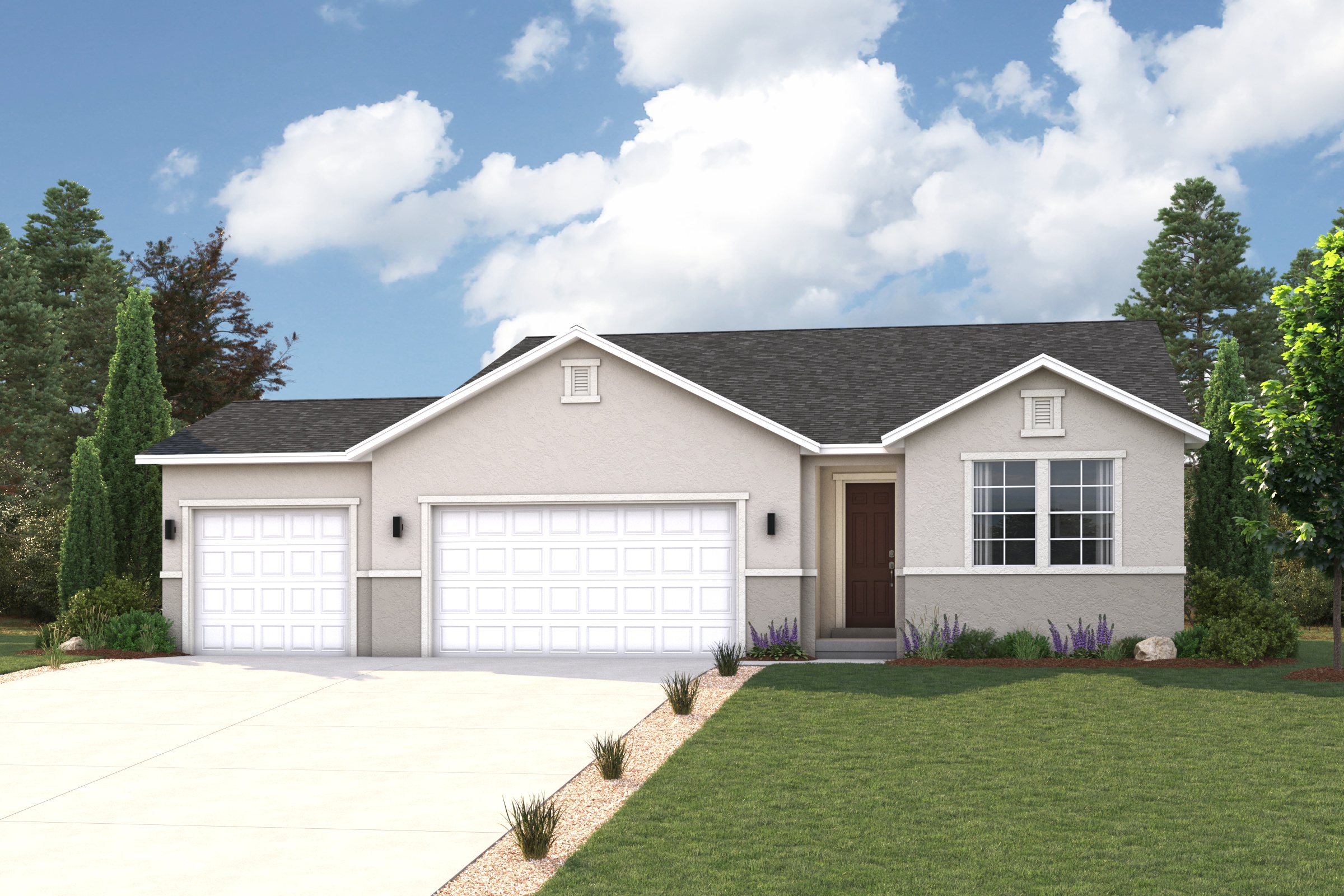 A house with a driveway and a large lawn.