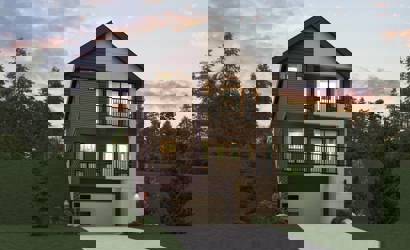 A house with a driveway and trees.
