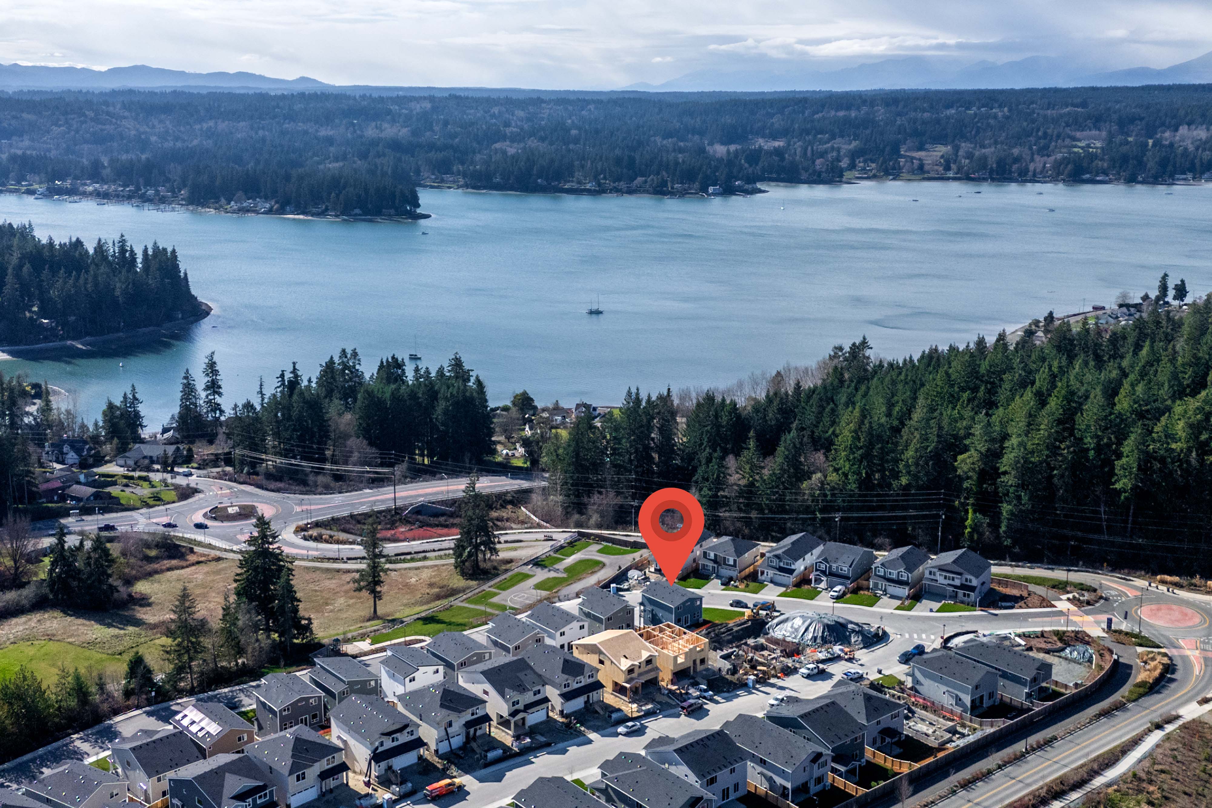 A town next to a lake.