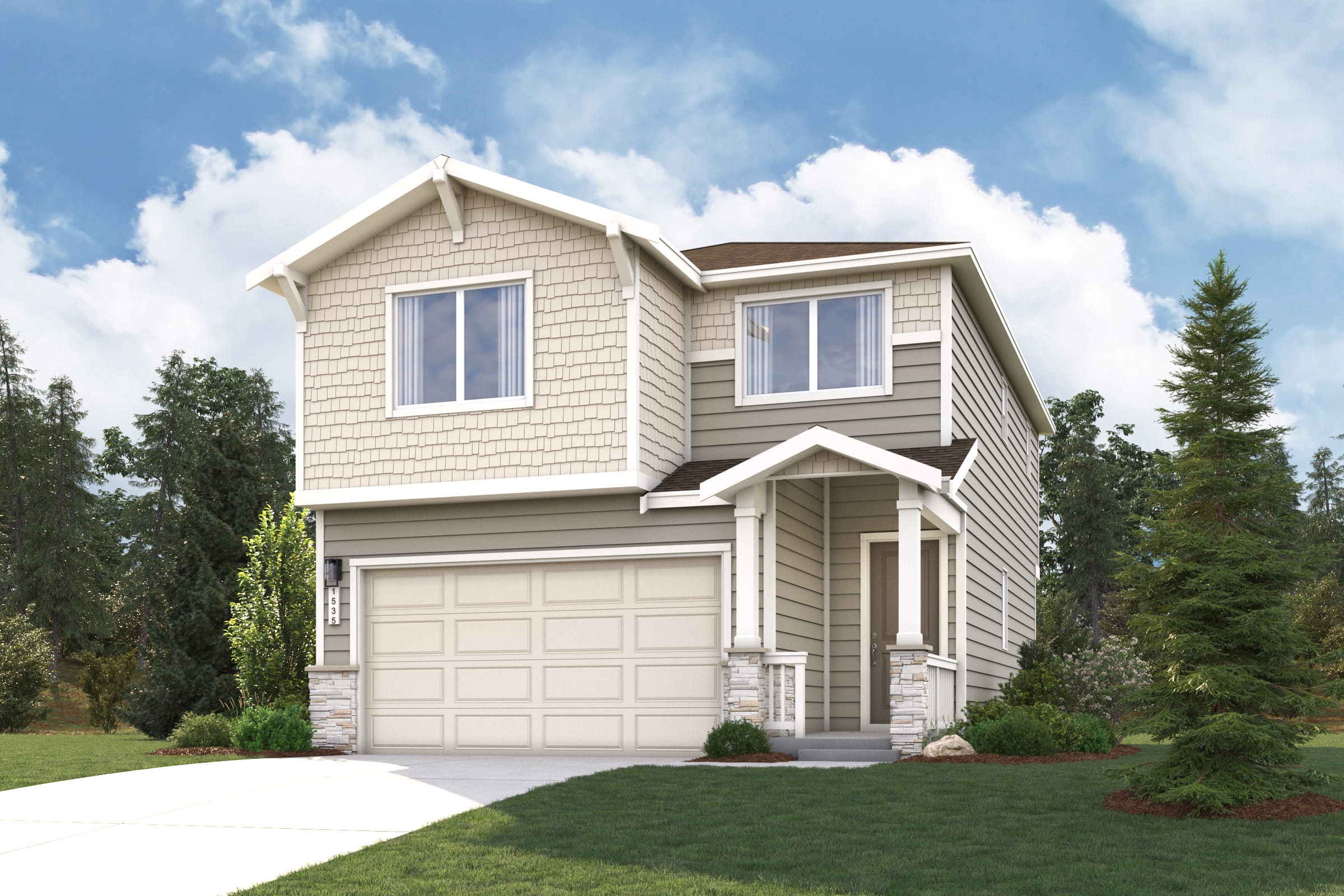 A house with a garage and trees.